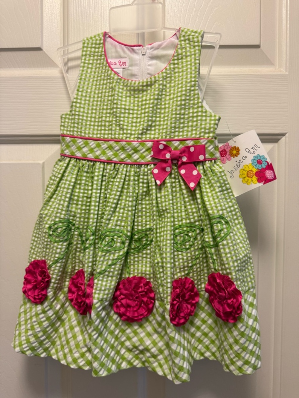 Jessica Ann Green Gingham Dress with Pink Flowers